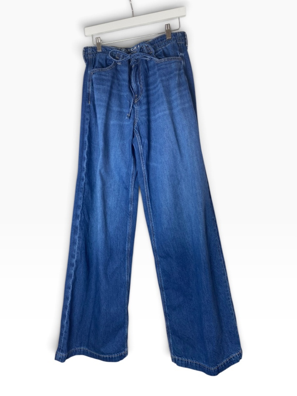 American Eagle Dreamy Drape Strigid Low Rise Wide Leg Jeans Drawstring Sz 4 Tall - Picture 2 of 8